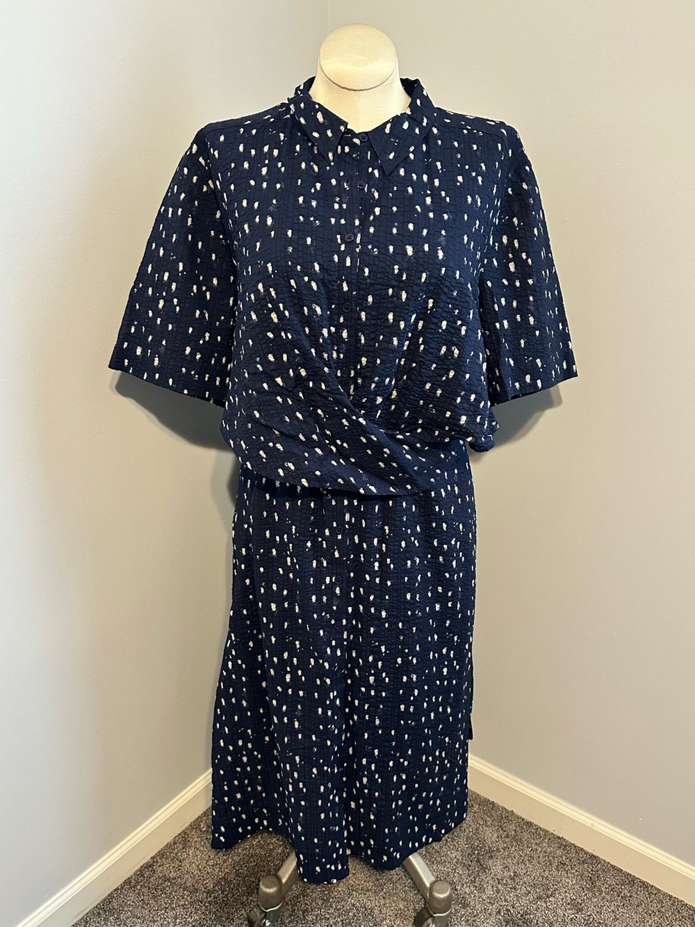 NWT Navy Dot Print Collared Midi Wrap Dress